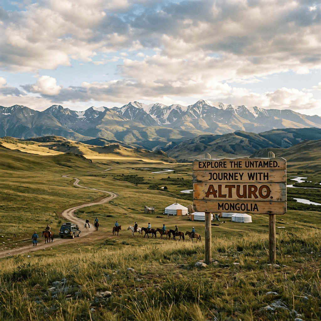 Group horseback riders and vehicle near travel sign and yurts in Mongolian grasslands
